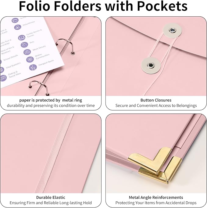 3-Ring Folder Organize Sturdy Hardboard Important Document Organizer with Expanding Pockets for Home, School, Office Use (Pink)