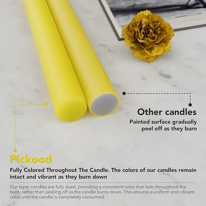 12-Inch Tall Dripless Taper Candles Set of 4 - Yellow Tapered Candles, Perfect for Spring - Smokeless, Unscented, Long Burning - Hand Poured, Colored Tall Candlesticks - Light Yellow