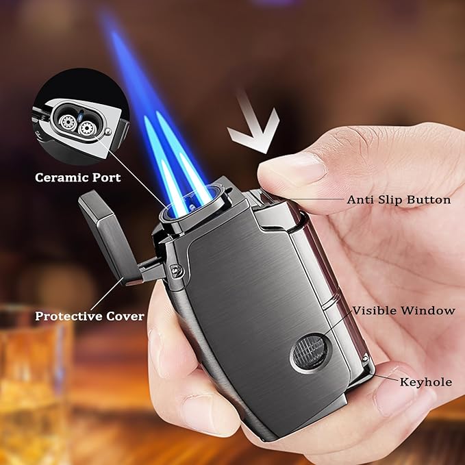 Double Torch Butane Lighter with Punch, Jet Windproof Lighter with Keyhole, Refillable and Adjustable, Great Gift for Men and Women, Sold Without Butane(Black)