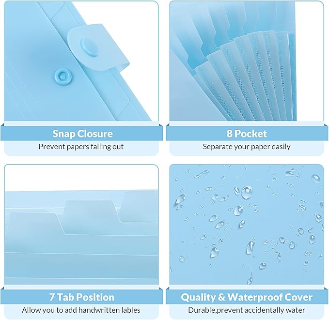 SKYDUE Expanding File Folder with 5 Pockets, Accordion File Organizer,Portable Receipt Paper Documents Organizer,Letter Size Filing Folder School Office Supplies,Lightblue