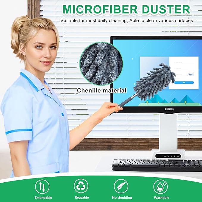 2 Pack Microfiber Duster for Cleaning, Washable Dusters, Extendable Pole, Up to 30 Inch Reachable, Wet and Dry Use Cleaning Tools for Car, Ceiling Fan, Window, Furniture, Office