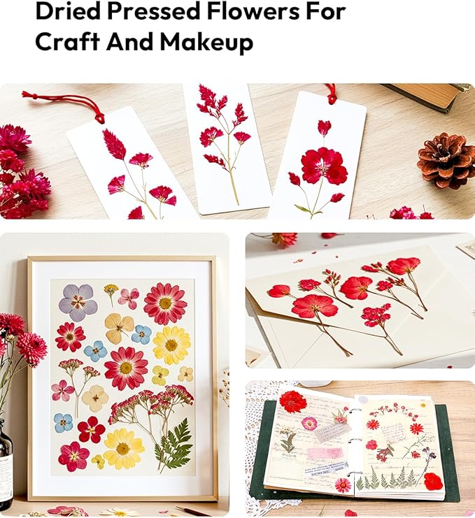 Dried Flowers, Resiners 58Pcs Pressed Flowers for Craft Red Real Natural Dried Flowers Dry Leaves Kit for DIY Making Crafts Resin Soap Candle Scrapbook Supplies Card Making Jewelry