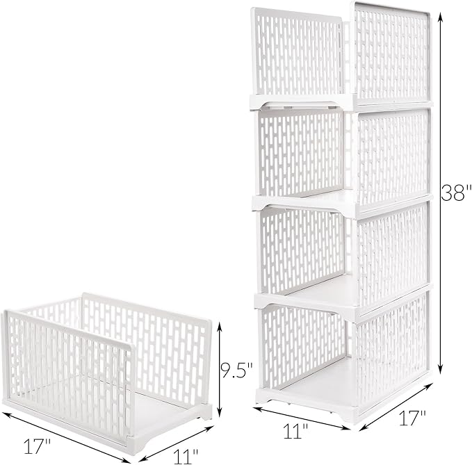 AVLA 4 Pack 38" Stackable Plastic Storage Basket, Plastic Foldable Closet Organizer Storage Bins, Wardrobe Storage Box Clothes Drawer Shelf Container for Cupboard Bedroom Dorm Bathroom Kitchen Office