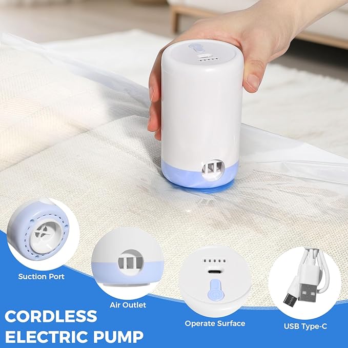 15 Pack Travel Vacuum Storage Bags with Cordless Electric Pump, Combo Rechargeable Space Saver Vacuum Seal Bags for Clothing Travel Vaccine Sealed Storage Bag for Comforters Blankets Clothes