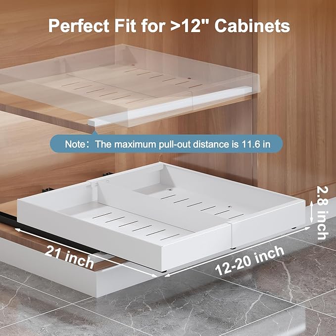 2-Pack Expandable Pull Out Drawers for Cabinets, 21" Deep Each, Adjustable 12–20" Width – Magnetic Dividers, Optional Riser, Heavy-Duty 3-Rail Glide, No-Drill Roll-Out Shelf Organizers, White