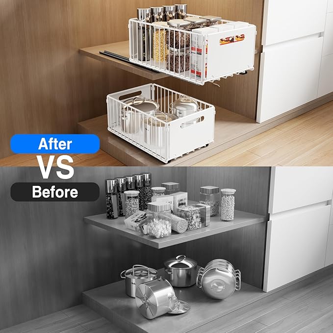 2 Pack Pull Out Cabinet Organizer, Slide Out Drawers for Cabinets, Peel and Stick, Heavy Duty Shelves for Kitchen, Cupboard, Pantry, Bathroom (14.76" D*9.65" W*7.87" H-White)