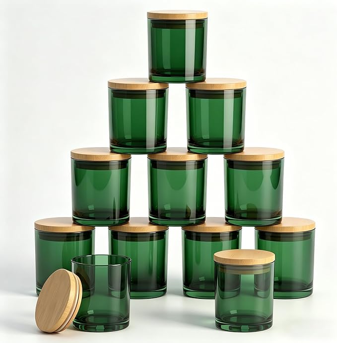 GLATABAM 10 OZ Candle Jars 12 Pack - Bulk Glass Candle Making Jars with Bamboo Lids & Labels, Heat Resistant Empty Reusable Candle Vessel for Containers(Green)