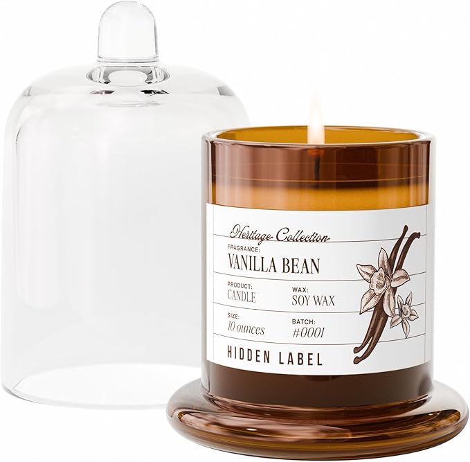 Hidden Label Vanilla Bean Scented Candle - 10oz Non Toxic Candles for Home Scented with Clear Bell Jar, Natural Soy Wax Clean Burning Aromatherapy Candle for Spa/Yoga/Meditation & Stress Relief Gifts