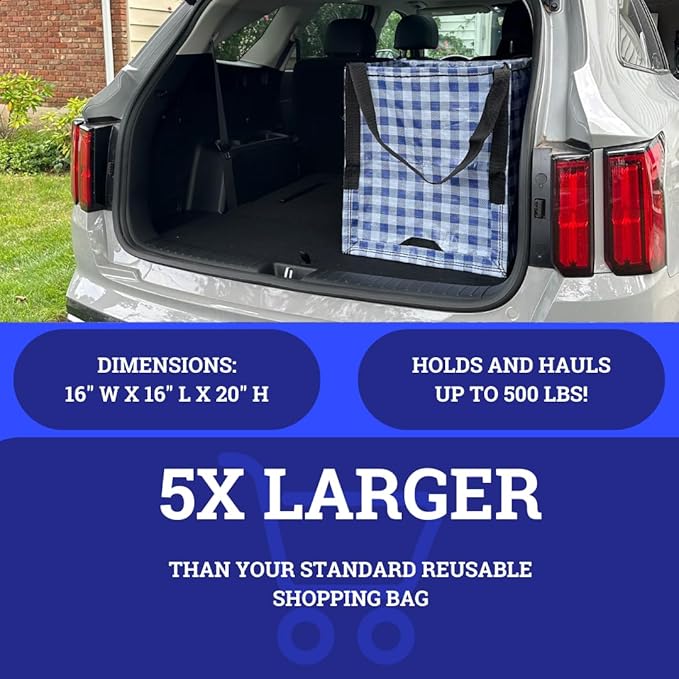 DURASACK Heavy Duty Storage Tote Bag 22-Gallon Rugged Woven Polypropylene Moving Bag, Reusable Self-Standing Design, Holds up to 500 Pounds, Single, Gingham Blue