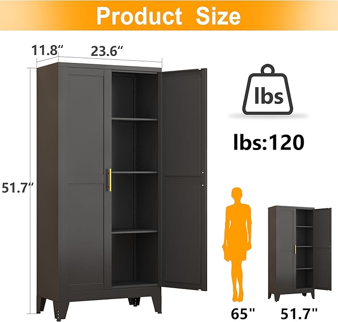 Ckzbx Black Metal Cabinets with Doors and Shelves,47.25" H Storage Cabinet White Pantry Cabinet Garage Cabinets for Kitchen,Living Room,Dinning Room