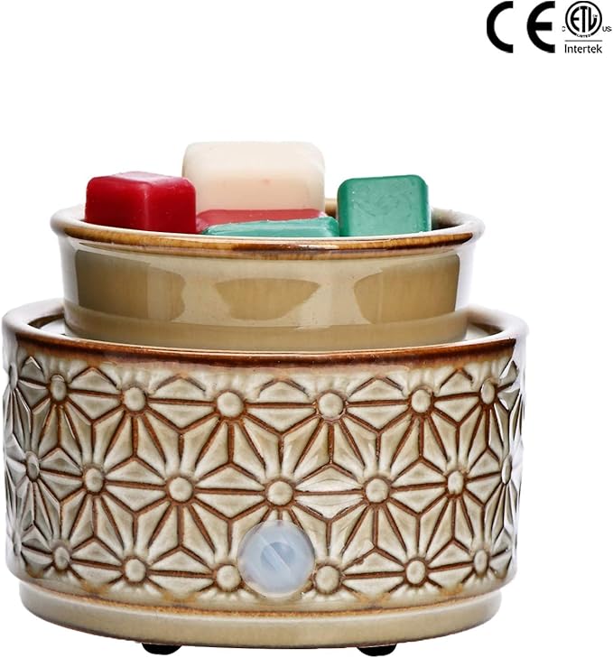 ASAWASA Ceramic Wax Melt Warmer - 3 in 1 Electric Wax Candle Burner Melter for Home Decor Gift (Brown Hexagon Pattern)