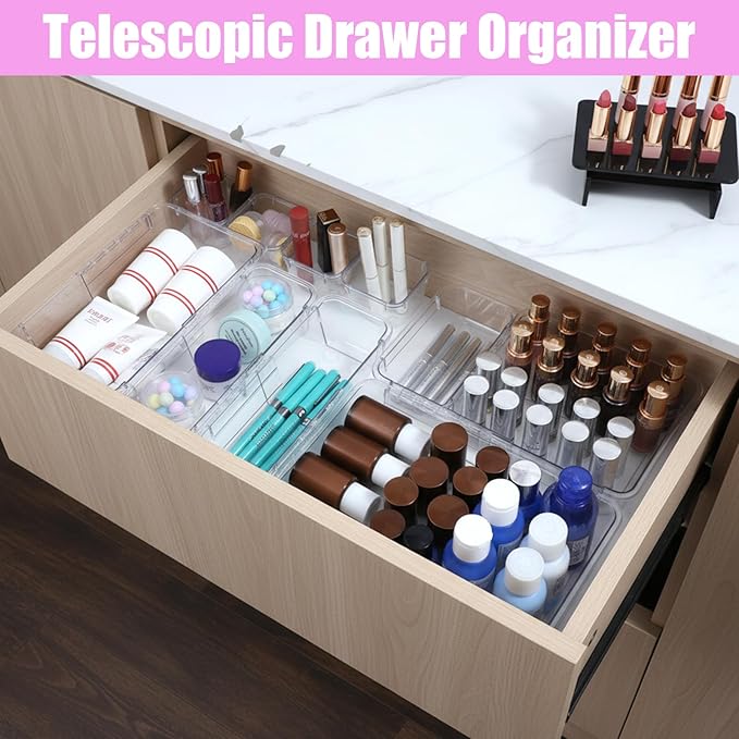 25pcs vanity Drawer organizers clear drawers organizer set vanity Drawer Storage Box expandable clear Plastic Drawe Organizer Bins Adjustable 3-Size bathroom makeup drawers organizers tray