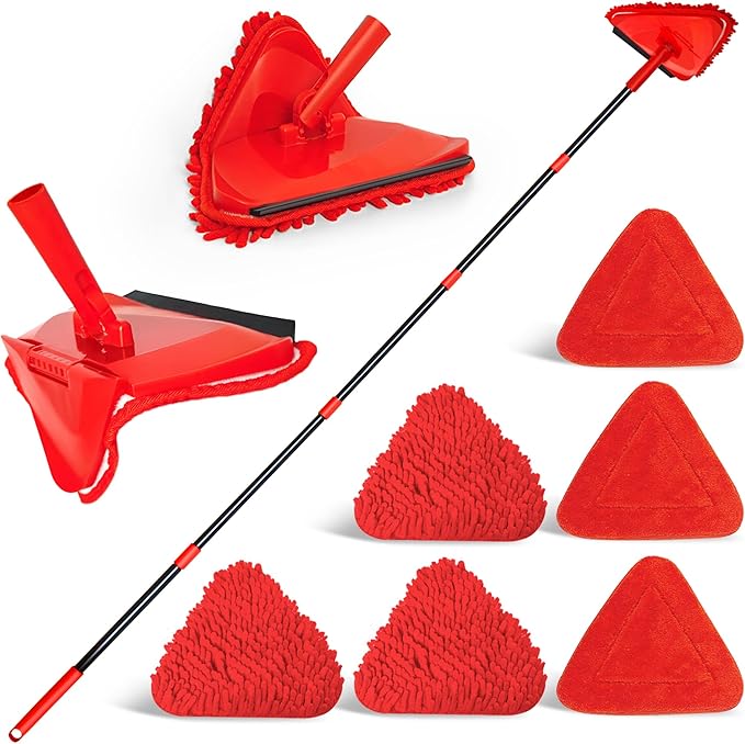 NEWE Wall Mop Cleaner, 80 inches Long Handle, 180° Folding Ceiling Cleaning Tool with Squeegee for Washing Painted Walls, Triangle Baseboard Scrubber with 3 Chenille Duster and 3 Microfiber Pads (Red)