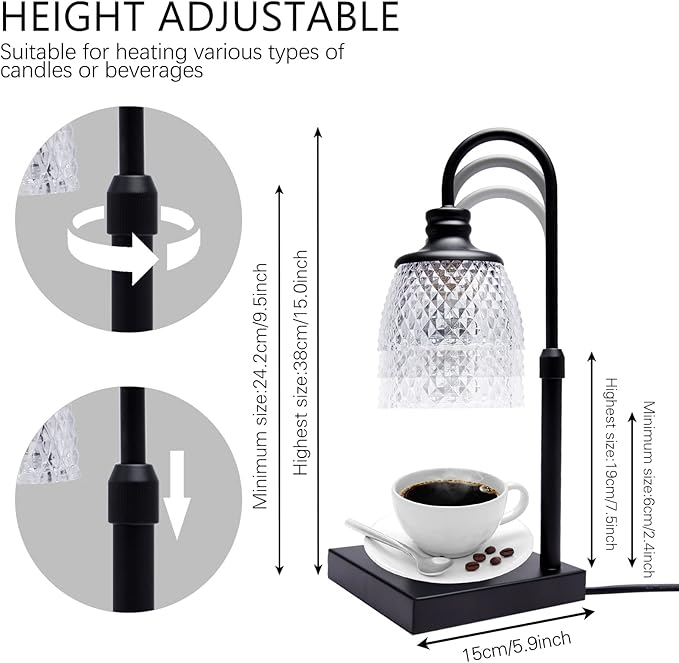 Candle Warmer Lamp, Auto Shut Off with Timer Control, Brightness Heat Level Control with Dimmable Switch, Height Adjustable Top-Down Candle Melting with 2 Bulbs(White)