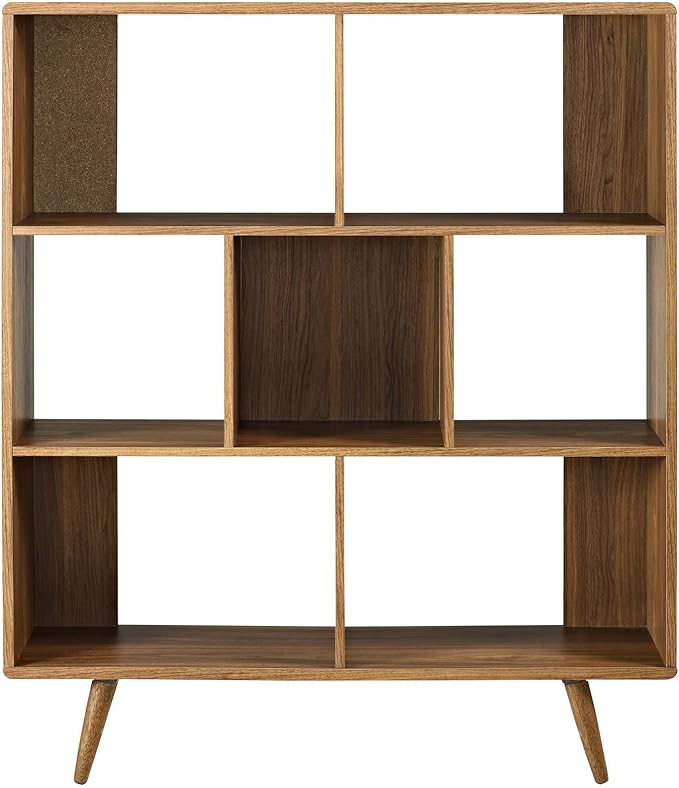 Modway Transmit Mid-Century Offset Cube Wood 7 tier Bookcase in Walnut