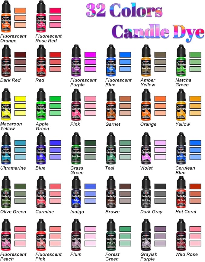 FansArriche Candle Dye - 32 Colors Liquid Oil-Based Dye for Candle Wax, Vivid Candle Color for DIY Candle Making, Highly Concentrated Natural Candle Color