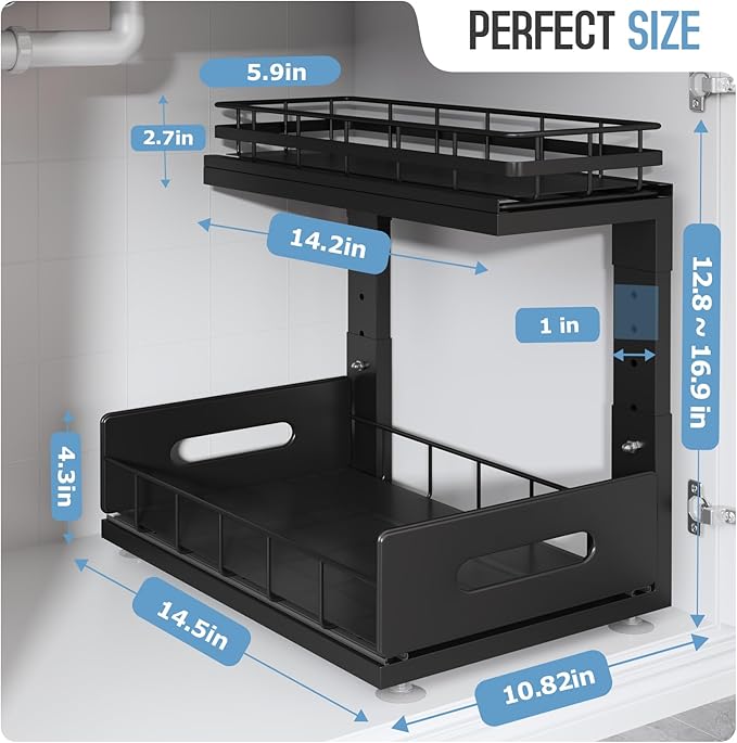 Under Sink Organizer Upgrade To Professional Rails,2-Tier Dual Pull Out Cabinet Storage,Height Adjustable Slide Out Drawers For Bathroom Kitchen,2 Pack-14.5"Dx12.8"-16.9"H,Black