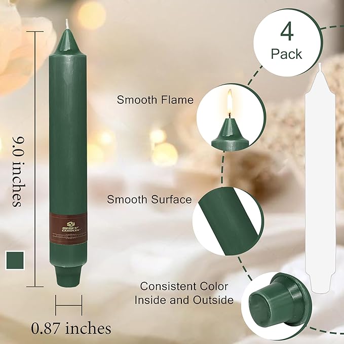 Christmas Green Candle 9 Inch Tall Smokeless Taper Candles 4 Pack Unscented Dinner Candle for Christmas Festive, Halloween Thanksgiving Day Fall Home Decor
