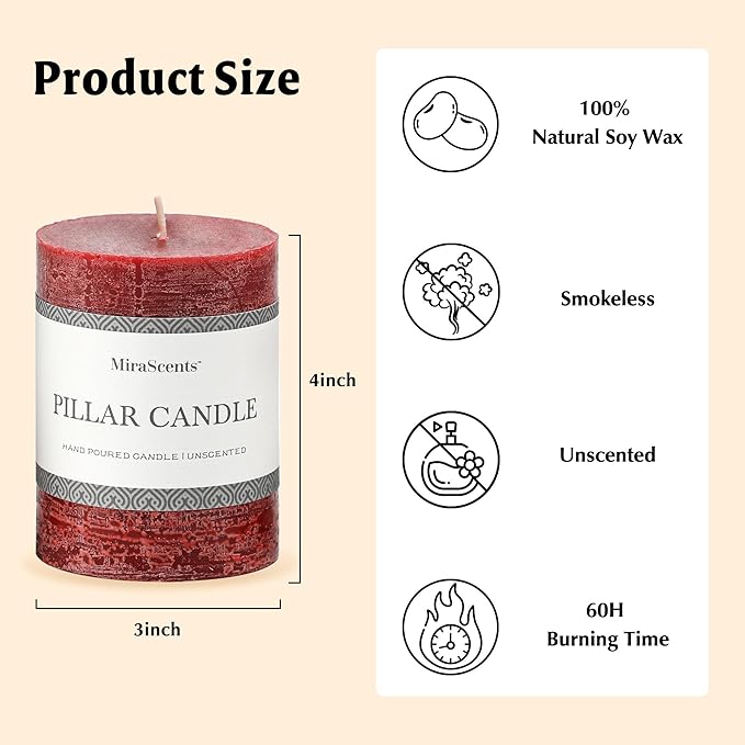 3x4 Inch Burgundy Pillar Candles Set of 3 - Hand-Poured Unscented Candles, Long Clean Burning, Dark Red Pillar Candle, Smokeless Dripless Candle for Dinner Table, Wedding, Home, Rustic Decor