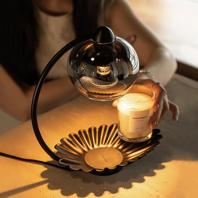 Black Candle Warmer Lamp with Timer, Modern Warmer Lamp for Jar Candles, Electric Dimmable Wax Melt with Glass Lampshade & 2 Bulbs, Unique Home Decor House Warming for Women Mom