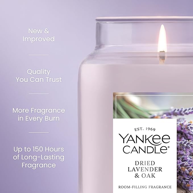 Yankee Candle Dried Lavender & Oak, Scented Candle, 22oz Large Jar with up to 150 Hour Burn Time, Giftable, Birthdays