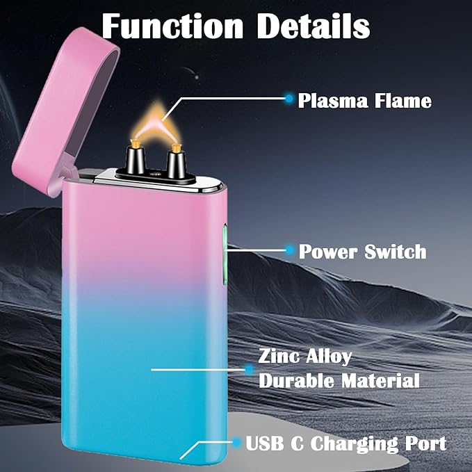 Arc Lighter Rechargeable USB C Electric Lighter Electronic Plasma Lighters Metal Chargeable Lighters with LED Dazzling Power Display Design for Outdoor, Camping, BBQ (PinkBlue)