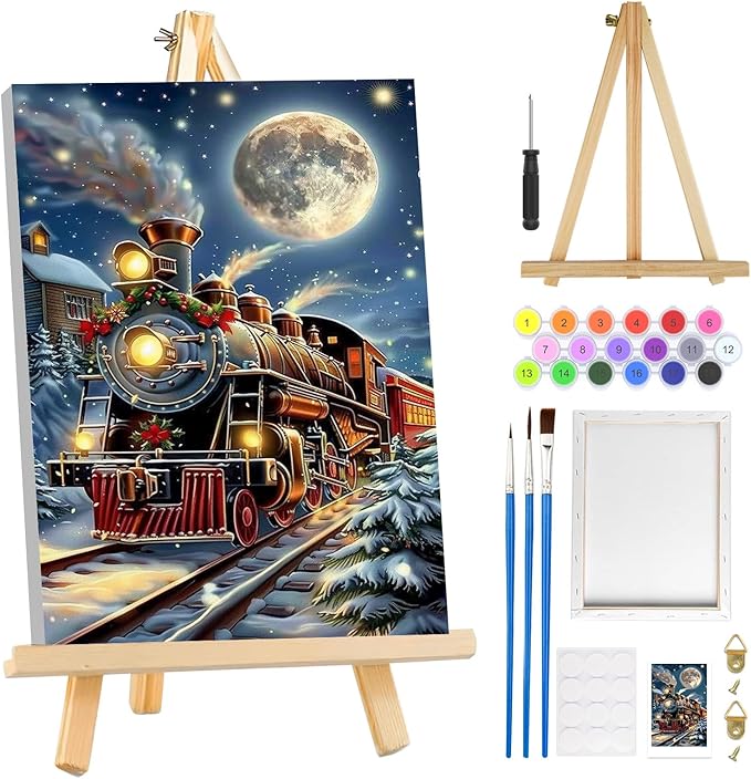 MOGTAA Christmas Paint by Numbers Kit for Adults Beginners with Frame, Christmas Train Adult Paint by Number Kits on Canvas with Easel, Easy DIY Winter Oil Painting Kits for Home Decor, 8x12in