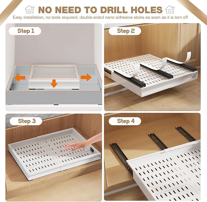 2 Pack Pull Out Cabinet Organizer With Raising Pad for Framed Cabinets,Expandable Width (13"-21") and Depth (17"-24"),3 Slide Rails Slide Out Drawers with Handle,No-Drill Roll Out Shelf,White