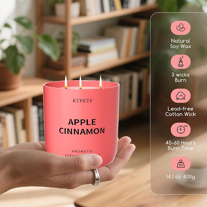 Apple Cinnamon Scented Candle for Home, 14.1oz 80 Hour Long Lasting Aromatherapy Candles for Stress Relief & Calm, Non-Toxic Essential Oil & Soy Wax | Cozy Spicy Fruity Fragrance