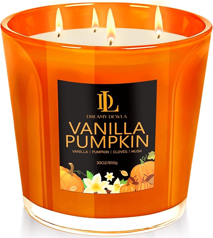 Large Candle Vanilla Pumpkin Scented, 4 Wick Natural Soy Candles for Home Scented, 30oz Big Candle Long Lasting, Home Aromatherapy Candles Housewarming Gift for Women Men
