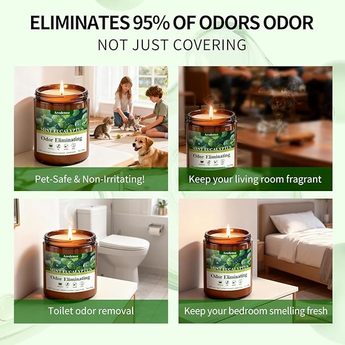 Mint Eucalyptus Odor Eliminating Candles | Eliminates 95% of Pet, Smoke & Bathroom Odors – 7 oz Hand Poured Non-Toxic Soy Candle - Air Freshing Scented Candles - Stress Relief Gifts for Women Men