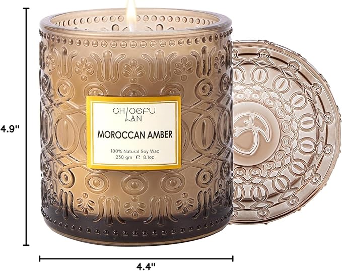 Chloefu LAN Amber Candles for Home Scented, Gifts for Women & Men, Luxury Glass Jar Candle, Natural Soy Wax, Home Decor, 55 Hours Long Burning, 8.1 oz