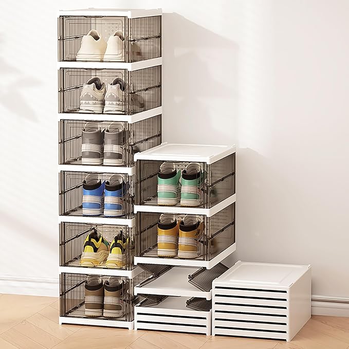 Shoe Storage Organizer Box 6-Tier Foldable Collapsible Stackable Shoe Rack Bins, Fit Size 12, No Assembly, for Men and Women (Transparent gray)