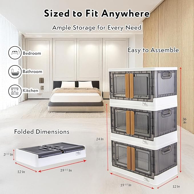 FELICON 8.4 Gallon 3 Pack Stackable Storage Bins with Lids,Doors,Wheels,Collapsible Organizer Foldable Container,Wardrobe Closet for Bedroom Living Room Neat,Dorm,Organized Homes(White)
