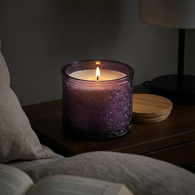 10 oz Embossed Glass Candle Container with Bamboo Lids and Labels, Purple Candle Jars for Making Candles, Mandala Design - Pack of 9