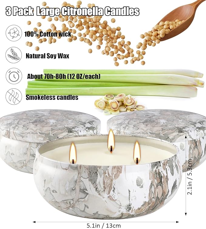 Citronella Candles Outdoor, 3 Pack 12oz Large Candle 3-Wick Natural Soy Wax Summer Scented Natural Set Soy Wax with 240 Hour Burn Time Outdoor Indoor Candles for Garden Yard Camping