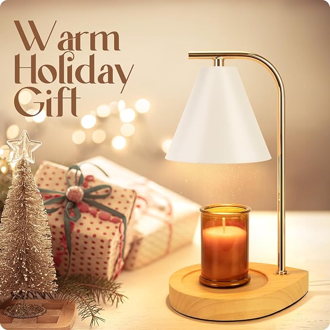 Aimoptg Candle Warmer Lamp with Retro Wooden Base - Home Decor Wax Melt for Small and Large Jar Candles, Candle Heater Lamp with 2 Bulbs, Dimmer and Timer Function-White