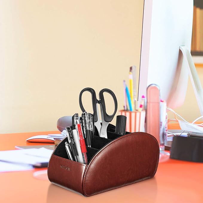 SITHON Remote Control Holder with 5 Compartments – [Upgrade Version] PU Leather Remote Caddy Desktop Organizer Store TV, DVD, Blu-Ray, Media Player, Smart Phones, Heater Controllers (Brown)