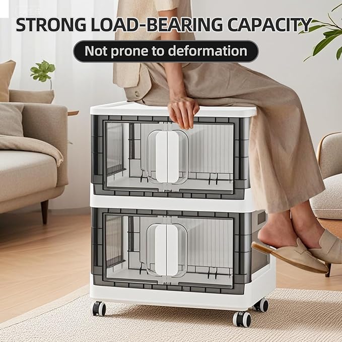 Folding Storage Organizer with Silent casters | Stackable Design for Home & Office, Heavy-Duty Plastic Storage Bin with Clear Door, 3 Sizes (19.5/23.5/27.5in),Black/White (19.7" 3 layer, White)