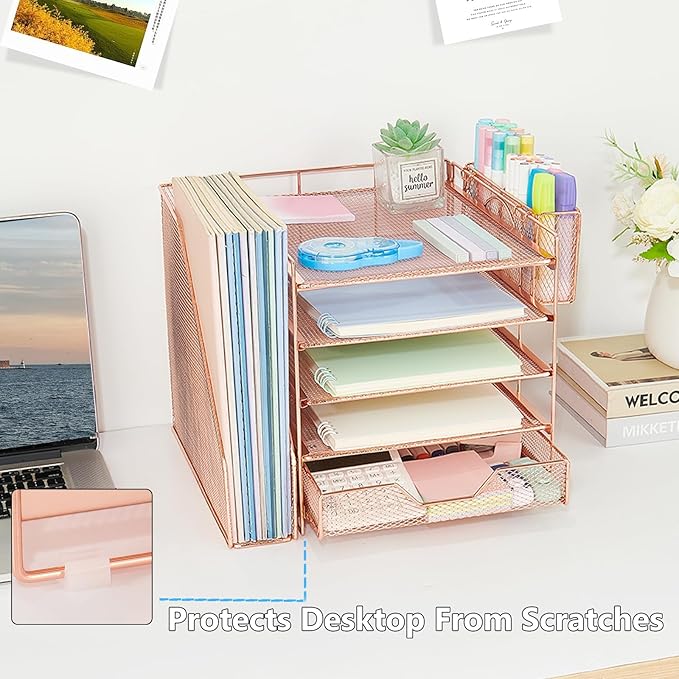 Desk Organizer, 5-Tier Paper Letter Tray Organizer with File Holder, Drawer and Pen Holder, Desktop Organizer for Office Supplies, Rose Gold