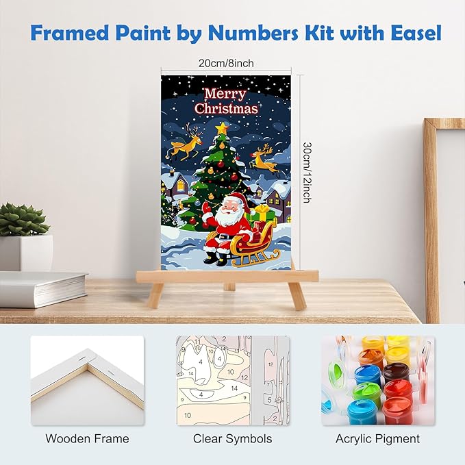 MOGTAA Christmas Paint by Numbers Kit for Adults Beginners with Frame, Santa Claus Adult Paint by Number Kits on Canvas with Easel, Easy DIY Winter Oil Painting Kits for Home Decor, 8x12in