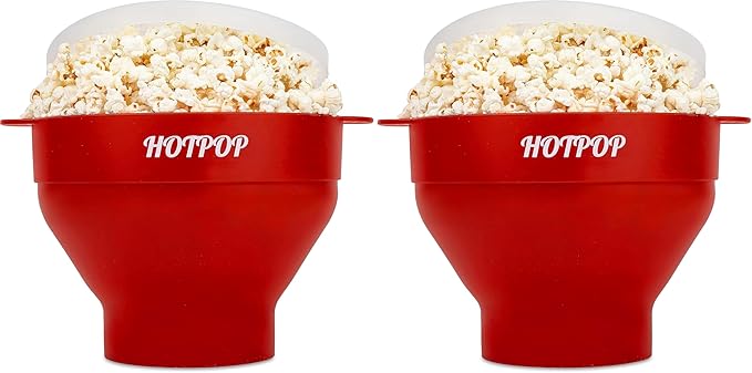The Original HotPop Silicone Popcorn Maker - Microwave Popcorn Popper - Collapsible Bowl, Heat-Resistant, Easy to Clean, Ideal for Family Movie Nights, 15-Cup Capacity - Cherry (Pack of 2)