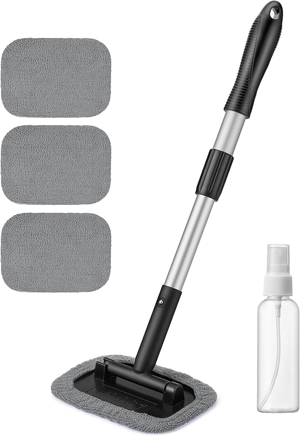 AstroAI Windshield Cleaner Tool, Microfiber Car Window Cleaner with 4 Reusable and Washable Microfiber Pads and Extendable Handle Auto Inside Glass Wiper Kit, Gray