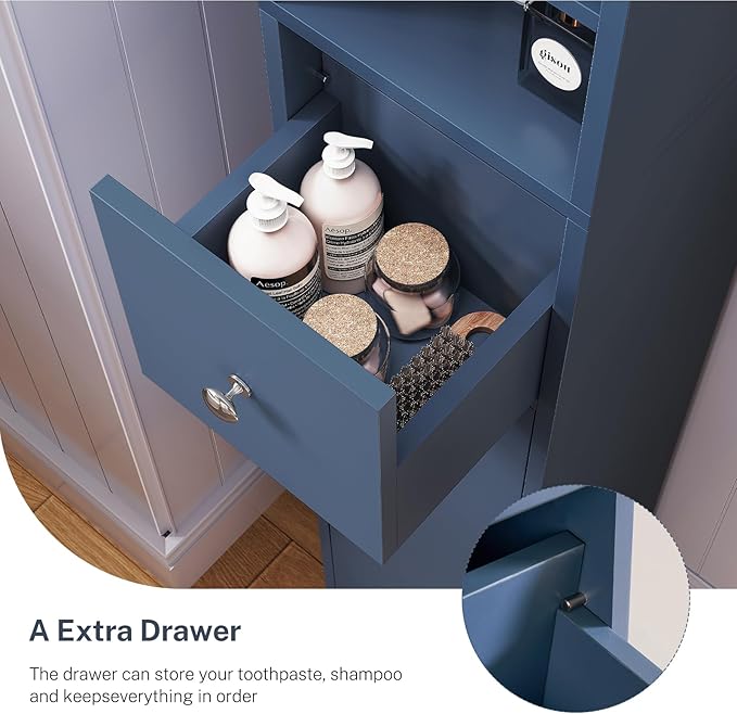 TEENFON Bathroom Cabinet, Narrow Bathroom Storage Cabinet with 5 Adjustable Shelves & Drawer, Freestanding Cupboard for Small Spaces, Blue