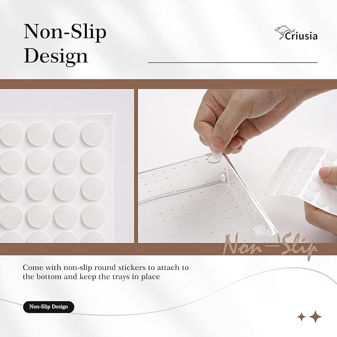 Criusia Clear Drawer Organizer 7 PCS - 5 Size Plastic Versatile Kitchen and Bathroom Organizer Trays, Non-Slip Storage Bins for Makeup, Utensils, Tool and Office Desk
