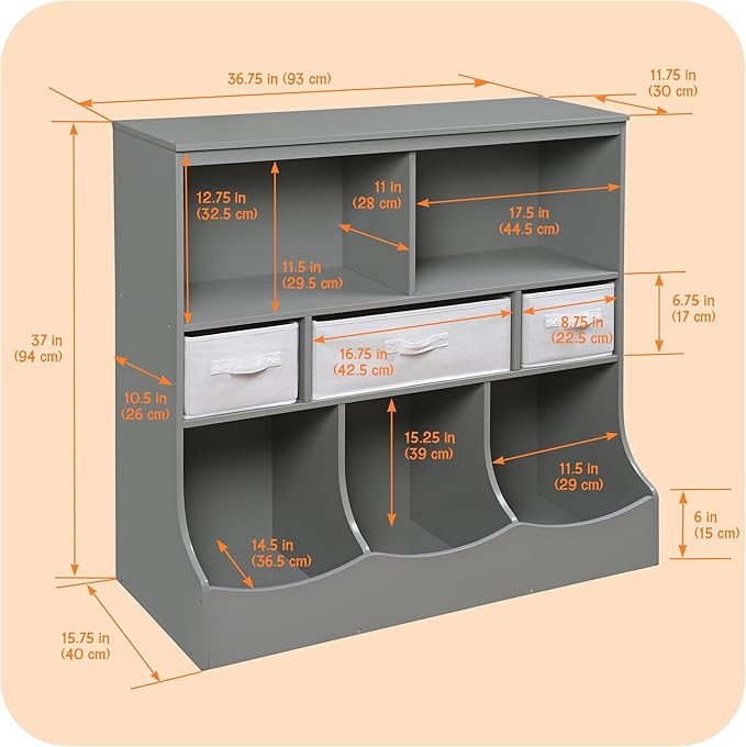 Badger Basket Combo Toy Storage Organizer and Bookshelf - Kids Storage Unit with 3 Removable Baskets, Open Shelves, Top Display Surface - Gray Cloud