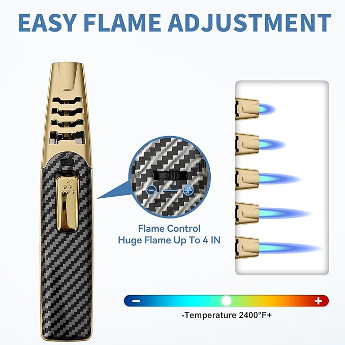 Torch Lighter, Butane Lighter, Adjustable Big Jet Flame Butane Torch, Windproof Refillable Gas Long Torch Lighter with Safety Lock for Candle Grill Camping BBQ Kitchen Soldering, Gas Not Included