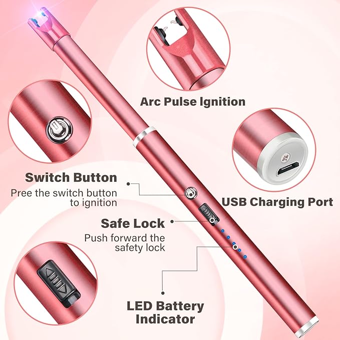 Navpeak Electric Candle Lighter Windproof USB Rechargeable Flameless Long Neck Lighter for Candles Gas Stove Fireplace BBQ Kitchen Grills (Rose Pink)