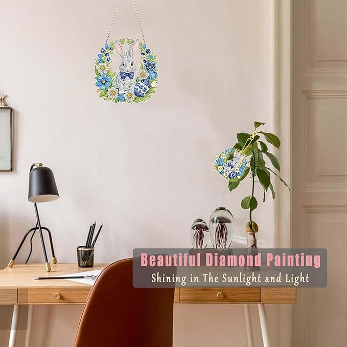 Masendp Easter Bunny Wreath Diamond Painting Double-Sided Hanging Ornament Set, DIY Irregular Shaped Rhinestone Window Decoration Set, Suitable for Home and Garden Wall Decoration Gifts