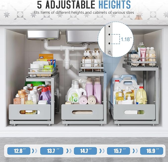 Under Sink Organizer Upgrade To Professional Rails,2-Tier Dual Pull Out Cabinet Storage,Height Adjustable Slide Out Drawers For Bathroom Kitchen,2 Pack-16.7"Dx12.8"-16.9"H,Gun Gray
